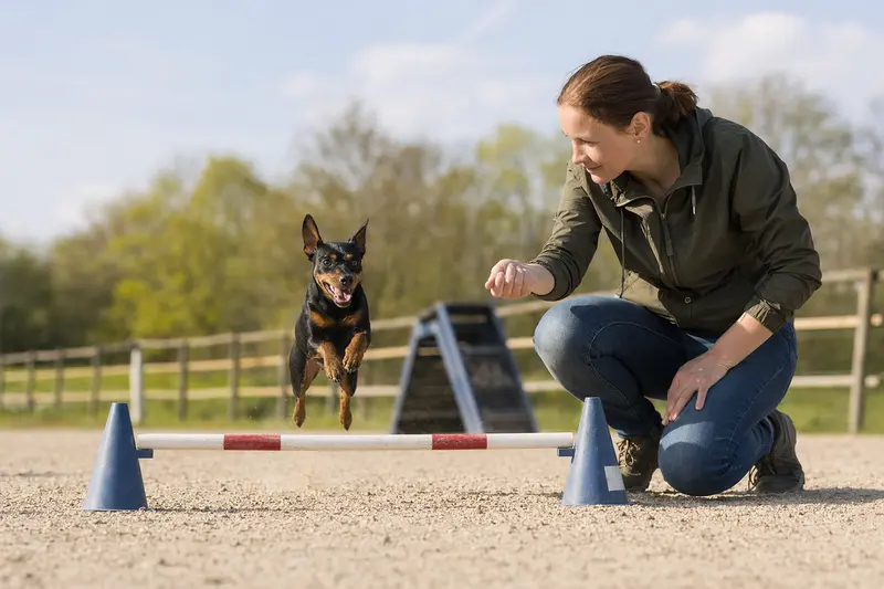 Ein aktiver Zwergpinscher springt mit seinem Besitzer über eine kleine Trainingshürde auf dem Hundeplatz.
