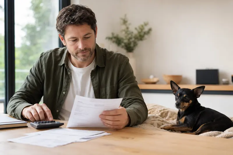 Ein Hundebesitzer sitzt mit einer Tierarztrechnung am Tisch, während ein entspannter Zwergpinscher auf einer Decke daneben liegt, passend zum Thema Hundeversicherung und Tierarztkosten.