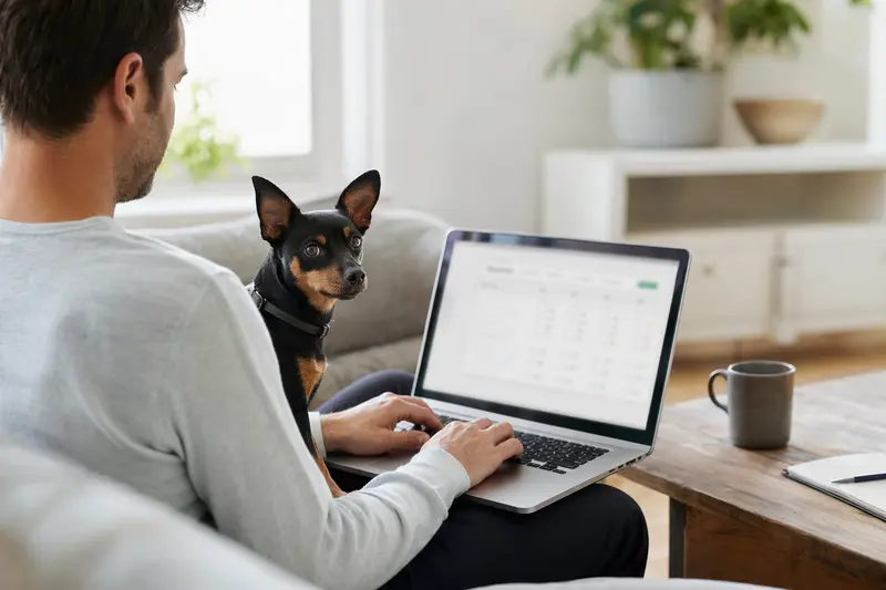 Ein Hundebesitzer arbeitet am Laptop auf dem Sofa, während ein Zwergpinscher daneben sitzt und die Versicherungsvergleichs-Oberfläche betrachtet.
