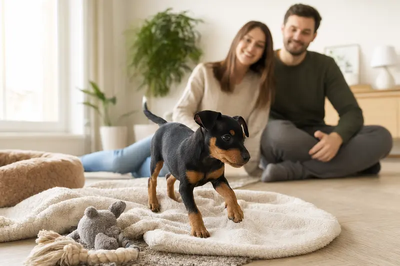 Ein neugieriger Zwergpinscher Welpe erkundet sein neues Zuhause mit weicher Decke und Spielzeug.