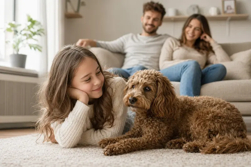 Ein freundlicher Zwergpudel liegt entspannt neben einem Kind im hellen Wohnzimmer, während die Eltern im Hintergrund eine sichere Familienatmosphäre schaffen.