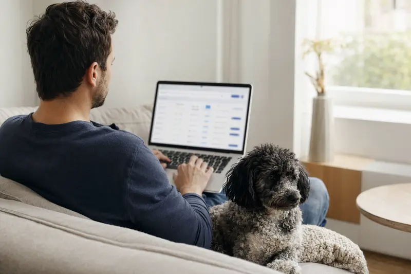 Ein Hundebesitzer nutzt seinen Laptop auf dem Sofa, während ein Zwergpudel neben ihm sitzt und eine neutrale Versicherungsvergleichsseite im Hintergrund angezeigt wird.