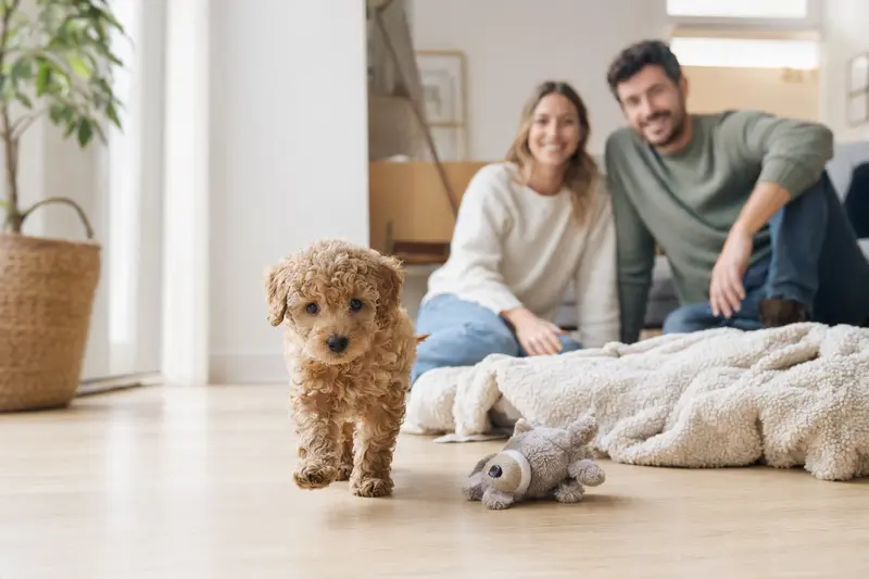 Ein junger Zwergpudel Welpe erkundet neugierig seine neue Umgebung mit weicher Decke und Spielzeug, während eine liebevolle Familie im Hintergrund zu sehen ist.