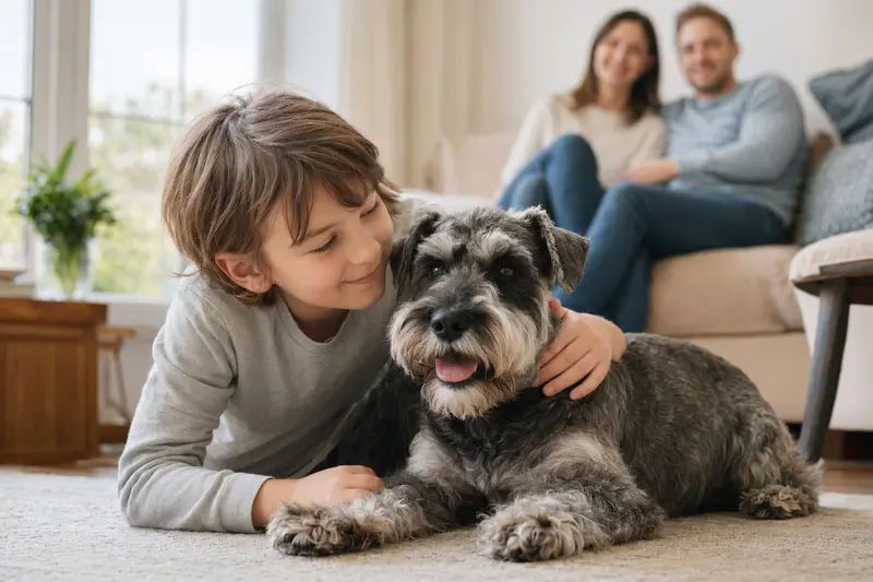 Ein Zwergschnauzer liegt entspannt neben einem Kind im hellen Wohnzimmer, während die Eltern im Hintergrund stehen und eine sichere Familienatmosphäre vermitteln.