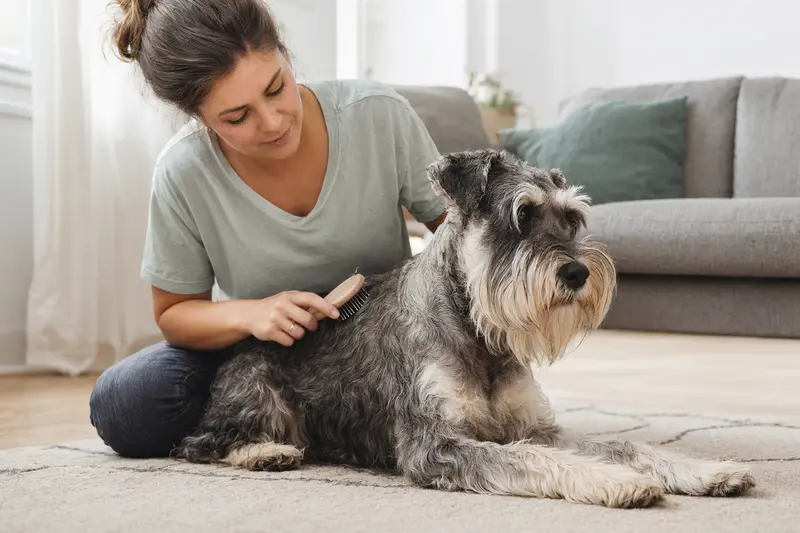 Ein Zwergschnauzer wird in einer hellen Wohnung liebevoll gebürstet und gepflegt.