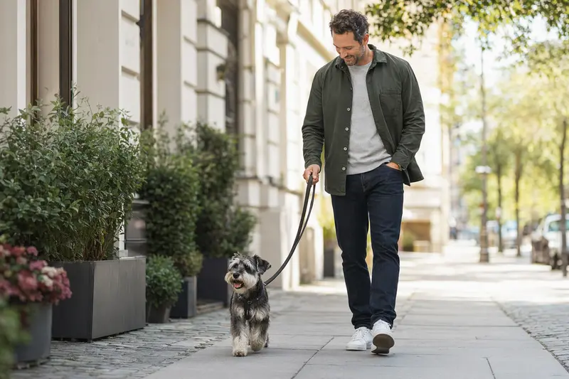 Ein Zwergschnauzer läuft an der Leine mit seinem Besitzer durch eine moderne Stadtstraße.