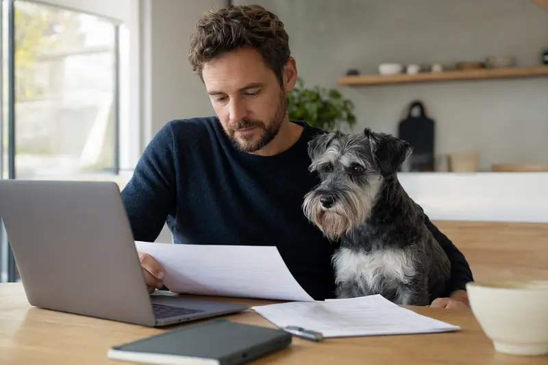 Ein Zwergschnauzer sitzt ruhig neben seinem Besitzer am Küchentisch, während Versicherungsunterlagen und ein Laptop mit einer Vergleichsseite vor ihm liegen.