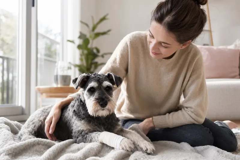 Zwergschnauzer mit leicht verbundenem Pfötchen liegt ruhig auf einer Decke neben seinem erleichterten Besitzer, in heller Wohnung und mit fürsorglicher Atmosphäre.