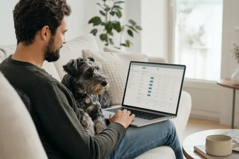 Ein Hundebesitzer sitzt auf dem Sofa mit einem Laptop, während ein Zwergschnauzer neben ihm sitzt und eine Versicherungsvergleichs-Seite betrachtet.