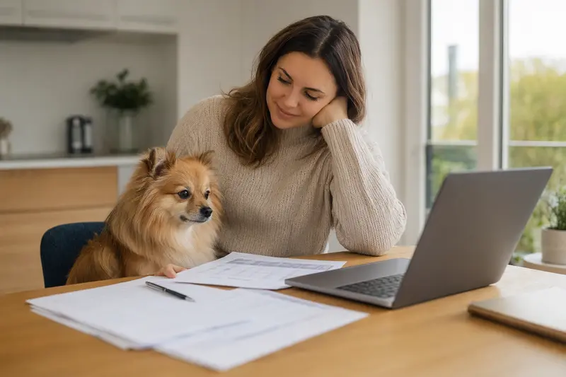 Ein Zwergspitz sitzt ruhig neben seinem Besitzer am Küchentisch, während Versicherungsunterlagen und ein Laptop mit Vergleichsseite auf eine Hundekrankenversicherung hinweisen.