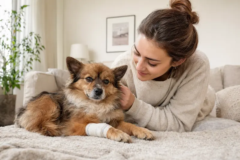 Ein Zwergspitz mit leicht verbundenen Pfote liegt ruhig auf einer Decke, während sein Besitzer neben ihm sitzt und erleichtert wirkt.