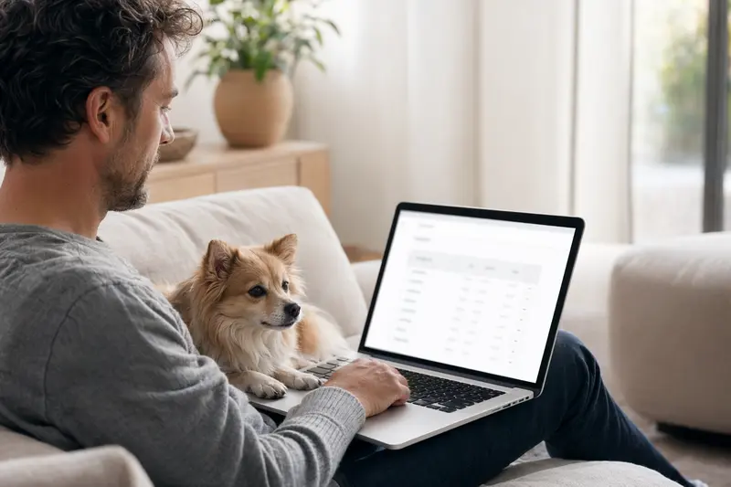 Ein Hundebesitzer arbeitet am Laptop auf dem Sofa, während ein Zwergspitz-Hund neben ihm sitzt.